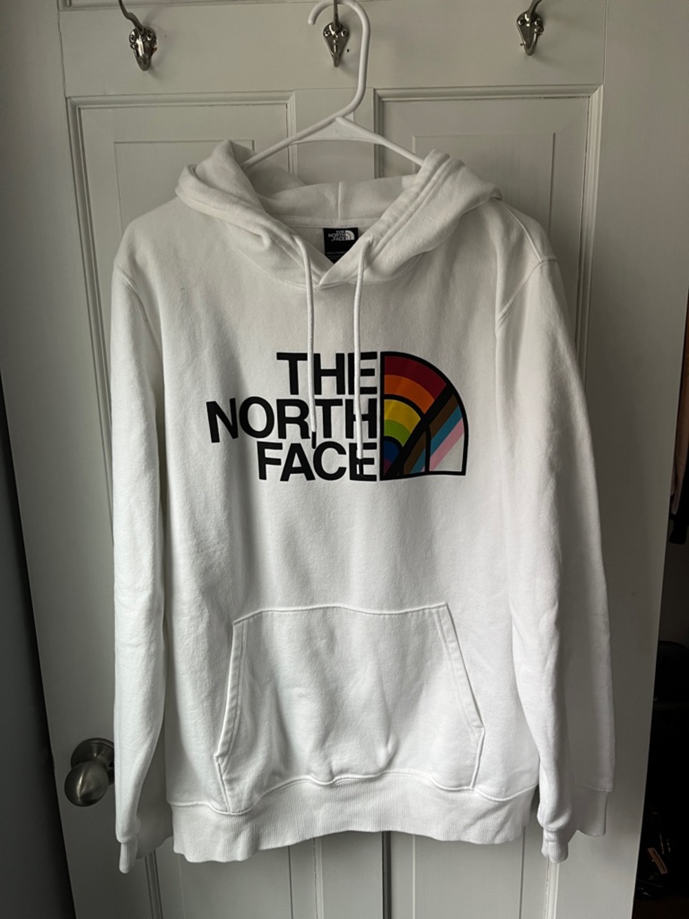 The North Face White Hoodie with Multicolor Logo Accent